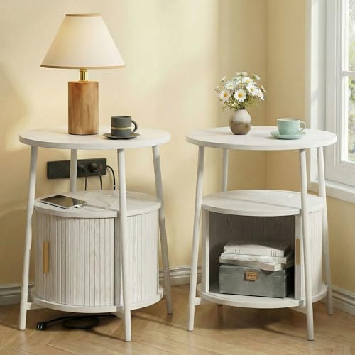 Round End Tables Set of 2: Fluted Side Table with Drawer & Charging Station, Mid-Century Modern Nightstand with Sliding Door for Small Space Storage, Living Room, Bedroom - color: Off White, size: 2 PACK