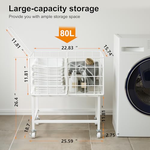 WOWLIVE Rolling Laundry Hamper with Wheels, 80L Heavy Duty Laundry Basket with Handle, Metal Wire Frame Laundry Cart, Dirty Clothes Hamper Organizer Dorm Room Storage for Bedroom, Bathroom, White - color: White