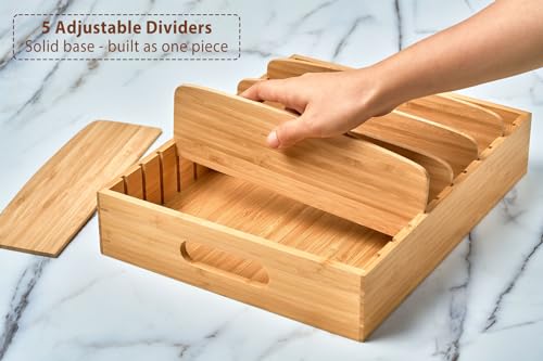 Umilife Kitchen Cabinet Organizer for Food Storage Container Lids, with Adjustable Dividers, Bamboo Drawer Caddy, Box for Kitchen Storage And Organization - size: Large