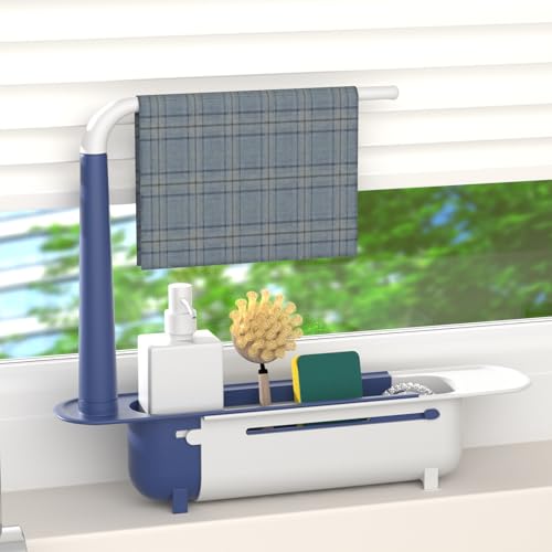 Telescopic Sink Storage Rack with 2 Sponge - Sink Caddy Sponge Holder for kitchen sink(Blue) - color: Blue