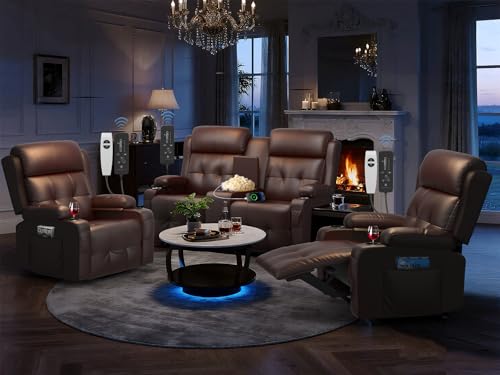 Recliner Sofa Set, Home Theater Seating Wall Hugger Recliners with Loveseat Recliner & Chairs, Reclining Sofa Set with USB, Cup Holders & Storage Console, Movie Theater Seats Couches for Living Room - color: Brown, size: 2-Seater + 2 Chairs