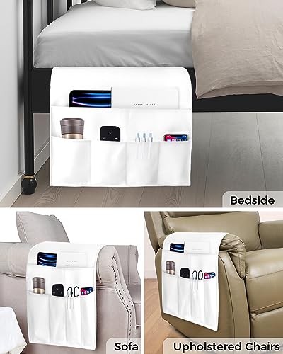 Sofa Armrest Organizer Bedside Caddy, White Non Slip Couch Remote Control Holder for Recliner, Pure White Arm Chair Caddy with Pocket for Magazine, Phone, 19.7''x35'' - size: 19.7x35 in