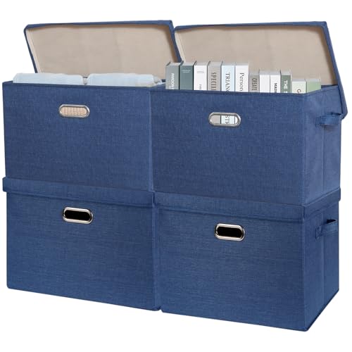 SNWDN 4 Pack Large collapsible Fabric Storage Bins with Lids Fabric storage box with lids for closet organizers and storage (Dark Blue 17.3x11.4x11.8 inches) - color: Dark Blue, size: Large（4-Pack 17.3*11.4*11.8 Inches）