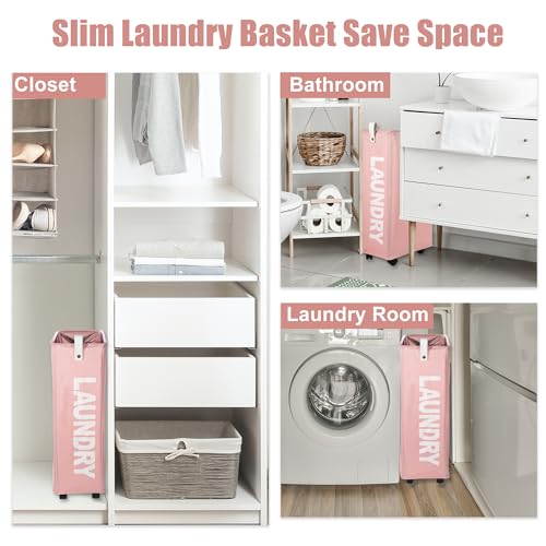 VOCOSTE Laundry Basket With Wheels, 27" Tall Rolling Laundry Basket, 55L Slim Laundry Hamper on Wheels, Narrow Laundry Hamper for Closet, Clothes Hamper with Handle for Corner Dorm, Pink