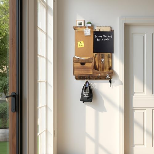 Key Holder Wall Mount， Mail Organizer Key Holder for Wall with Shelf, Drawer, Chalkboard, Corkboard, Home Decor Wall Mounted for Room Entryway(Natural Wood) - color: Natural Wood, size: Vertical