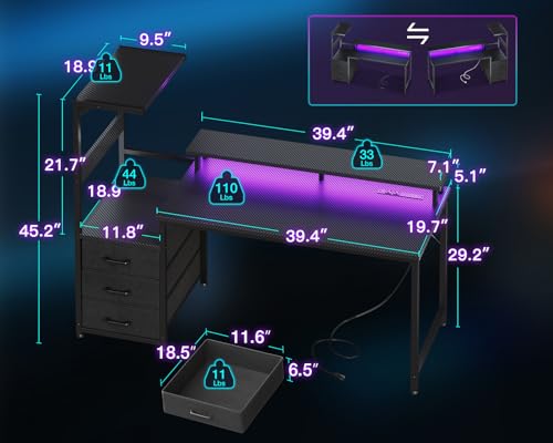 AODK 52 Inch Gaming Desk with USB Charging Ports & LED Light- Reversible Computer Desk with Storage Shelves & Monitor Stand, Modern Gamer Desk Table with Fabric Drawers, Black - color: Black, size: 52 inches