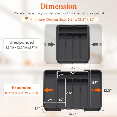 Lifewit Silverware Drawer Organizer, Expandable Utensil Tray for Kitchen, BPA Free Flatware and Cutlery Holder, Adjustable Plastic Storage for Spoons Forks Knives, 8.9-14.7 x 12.2", Black - color: Black, size: Medium Wide (8.9-14.7''W x 12.2''D)