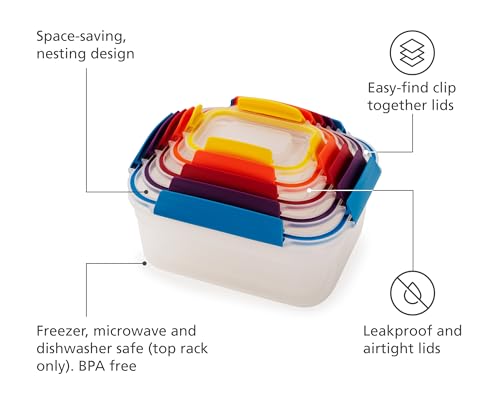 Joseph Joseph Nest Lock Plastic BPA Free Food Storage Container Set with Lockable Airtight Leakproof Lids, 10-Piece, Multi-Color - color: Multicolor, size: Rectangular, style: 10pc