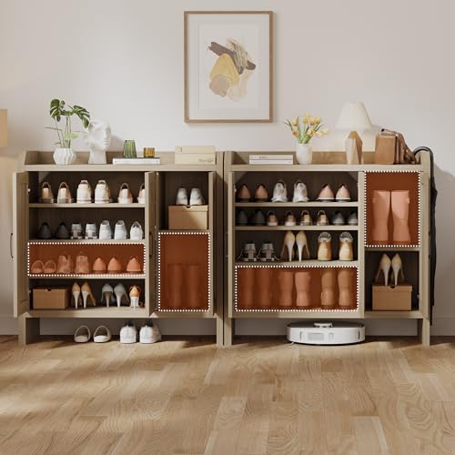 Mericonia Rattan Shoe Storage Cabinet, Farmhouse Shoe Cabinets Storage for Entryway, Boho Wooden Shoe Rack with 3 Doors for Entryway, Hallway (Oak, 3 Door) - color: Oak, size: 3 Door