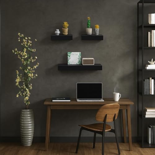 Floating Wall Shelves Set of 3 – MDF Wood Wall Mounted Shelf for Living Room, Bedroom, Bathroom, Office – Decorative Storage Racks for Plants, Photos, Books (Black, Large Set) - color: Black, size: Large Set