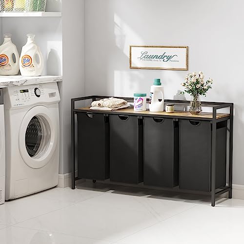Lifewit Laundry Hamper 4 Section, 168L Pull out Laundry Clothes Basket Organizer with Large Top Shelf and 4 Removable Bags and Handles for Laundry Room Bedroom Bathroom, Black with A Shelf - color: Black, style: Laundry hamper with a shelf