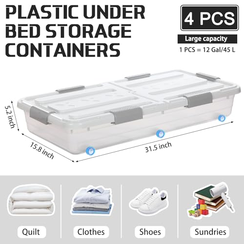 Beeveer 4 Pcs Plastic Under Bed Storage Container with Double Opening Lid Wheel Handle, Transparent Large Capacity Stackable Latching Festival Storage Bin for Closet Bedroom, 31.5x15.8x5.2 In(White) - color: White
