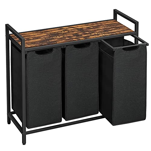 VASAGLE Laundry Hamper, Laundry Basket, Laundry Sorter with 3 Pull-Out and Removable Bags, Shelf, Metal Frame, 3 x 10.6 Gallons (40 L), 36.4 x 13 x 28.4 Inches, Ink Black and Rustic Brown UBLH301B01 - color: Black + Rustic Brown, size: 3 Bags - 120 L