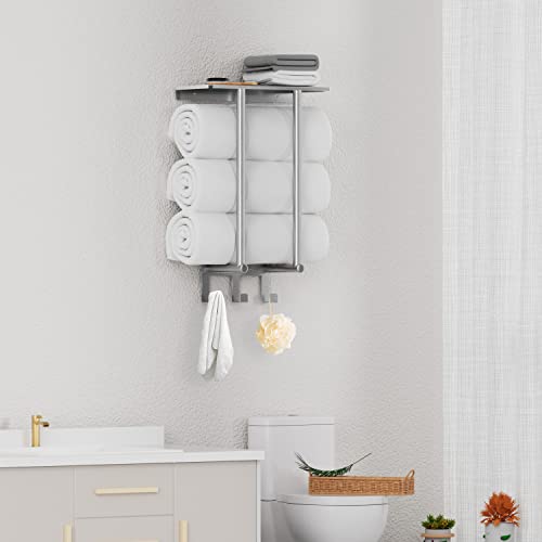 Towel Racks for Bathroom Wall Mounted, Bethom Towel Rack with Shelf and 3 Hooks, Brushed Nickel Towel Storage Holder Wall for Large Rolled Towels - color: Brushed Nickel, size: Round Tube