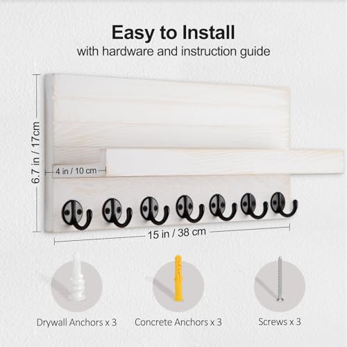 Lwenki Key Holder Wall Mount, Entryway Key and Mail Holder with 7 Sturdy Hooks for Sunglasses, Dog Leash, Decorative Wall Shelf with Mounting Hardware, 15”W x 6.7”H x 4.2”D - color: Vintage White
