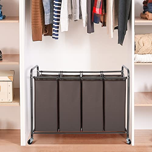 STO STO Laundry Sorter 4 Section, 4 Bag Clothes Hamper, Rolling Laundry Cart Basket with Heavy Duty Lockable Wheels and Removable Bag for Laundry Room, Bedroom, Closet, Brown - color: Brown, size: 4-Section