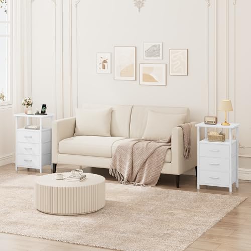 Vagusicc Nightstand with Charging Station, White Bedside Table with USB Ports and Outlet, End Table Side Table with 3 Fabric Drawers and Storage Shelf, Bed Side Table Night Stand for Bedroom, White - color: White, size: 1 Piece, style: Ordinary