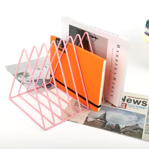 EASEPRES Vinyl Record Holder Storage, 9 Slot Metal Magazine Book Album Display Rack, Stylish Triangle Desktop File Sorter Organizer for Home Office, Pink Pack of 2 - color: 2 Pack Pink