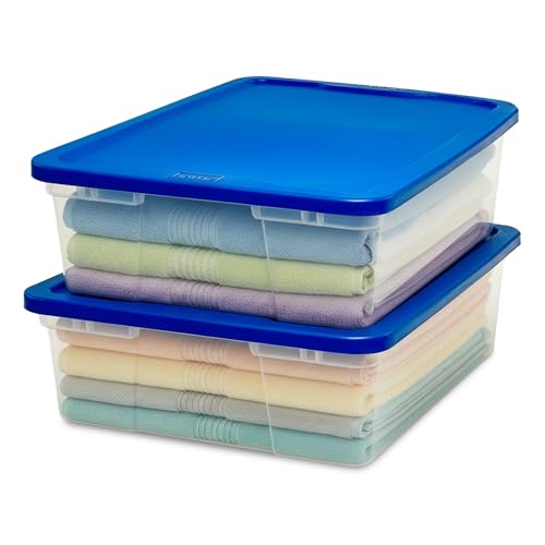 HOMZ 2-Pack Snaplock, Small Clear Plastic Storage Organizer Bins with Lids, 28 Quart, Blue - Stackable Container Boxes for Bedroom, Bathroom, Garage, and Office Organization - color: Blue Lid, size: 28 QT (2 Pack)