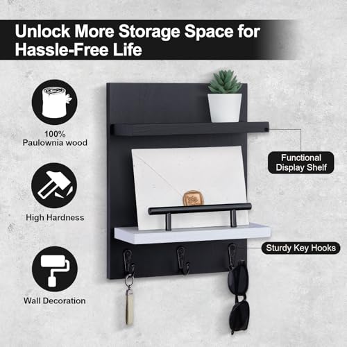 Key Holder Wall Mount, Key Holder With 2 Display Shelf, 3 Hooks for Key, Coat, Dog Leash, Key Hanger with Hook for Mail, Potted Plant, Farmhouse Mail Holder, Entry Way Organizer (Black & White) - color: Black & White