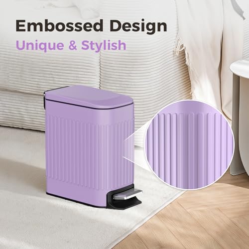 TrashAid Slim Bathroom Trash Can with Lid Soft Close, 6 Liter/1.6 Gallon Stainless Steel Small Garbage Can with Removable Inner Bucket, Step Pedal, Slim Wastebasket for Toilet, Office, Bedroom, Purple - color: Purple
