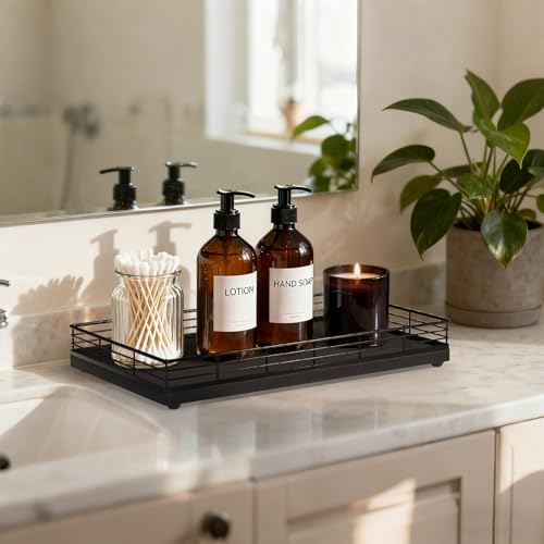Large Bathroom Vanity Tray – 13" x 8" Oak Decorative Wooden Tray for Bathroom Countertop & Vanity Organizer, Rectangular Wood Tray for Perfume, Skincare, Storage, Vanity Dresser Counter Decor, Black - color: Black, size: 13" x 8" x 2"