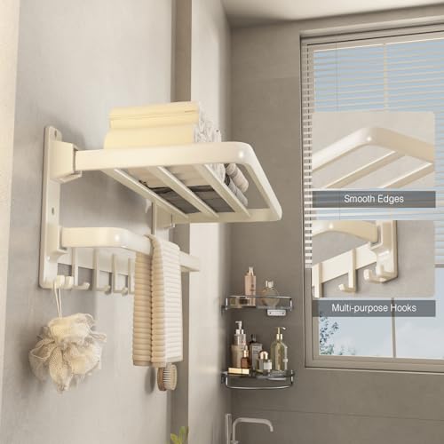 VOLDRA Towel Racks for Bathroom, 24-Inch Towel Shelf with Towel Bar Foldable Towel Holder with 7 Hooks Towel Storage Organizer for Bathroom & Lavatory Wall Mounted(Cream White) - color: Milky White, size: Extra 1 towel bar