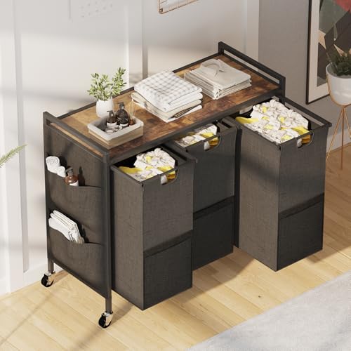 Huhote Laundry Hamper, Laundry Basket, Laundry Sorter with Top Shelf & 3 Removable Washable Bags & Side Pockets for Laundry Room organization, Bathroom and Dorm, Rustic Brown and Black - color: 3 bags-Black