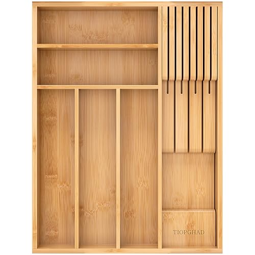 TIOPGHAD Small-Bamboo-Silverware-Drawer-Organizer, Expandable Utensil Kitchen Cutlery Tray Flatware Organization Adjustable Wood Tableware Dividers Storage (with Removable Knife Block)(Natural) - color: Natural, size: Medium