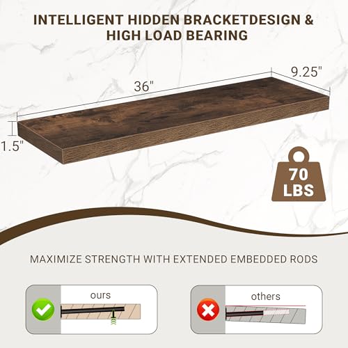 Acovy 36 Inch Floating Shelves, 36"x9.25"x1.5" Inch Deep Floating Shelves for Wall, Wooden Shelves for Bathroom, Bedroom, Living Room, Brown, 2 Pieces - color: Brown, size: 36"x9.25"-2pcs