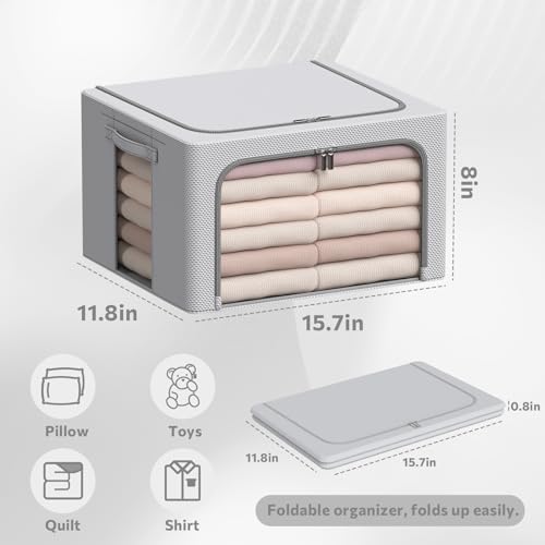 CYhom 3Pack Frame Storage Box - Clothes Storage Bin Bags Oxford Fabric Foldable Stackable Container Organizer Set with Clear Window & Carry Handles Large Capacity (Grey, Small-22L) - color: Grey, size: Small-22L