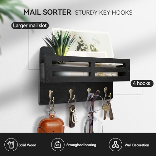 Key Holder Wall Mount, 10 inch Decorative Key and Mail Holder for Wall, with Mail Organizer & 4 Key Hooks, Rustic Wooden Key Rack for Hanging Dog Leash Sunglasses, Entryway Key Hanger, Black - color: Black, size: 10.2IN