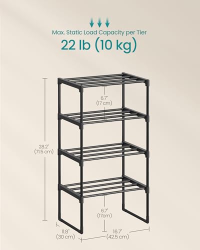 SONGMICS Shoe Rack, 4-Tier Shoe Organizer, Metal Storage Shelf, Upright or Upside Down, for 5-10 Pairs, Stackable, for Entryway, 11.8 x 16.7 x 28.2 Inches, Black ULSA004B01 - color: Black, size: 4 Tiers (16.7"W)