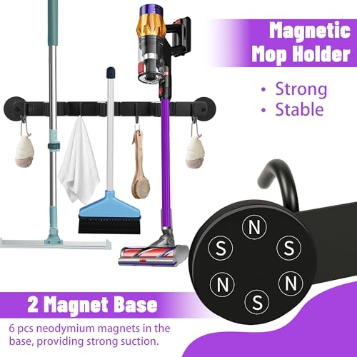 Magnetic Broom Holder Wall Mount - Heavy Duty Non-Slip Mop Hanger with 4 Hooks And 3 Rack, No Drill Tool Organizer for Refrigerator,Garage,Laundry Room (Black, 3Racks 4Hooks)