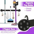 Magnetic Broom Holder Wall Mount - Heavy Duty Non-Slip Mop Hanger with 4 Hooks And 3 Rack, No Drill Tool Organizer for Refrigerator,Garage,Laundry Room (Black, 3Racks 4Hooks)
