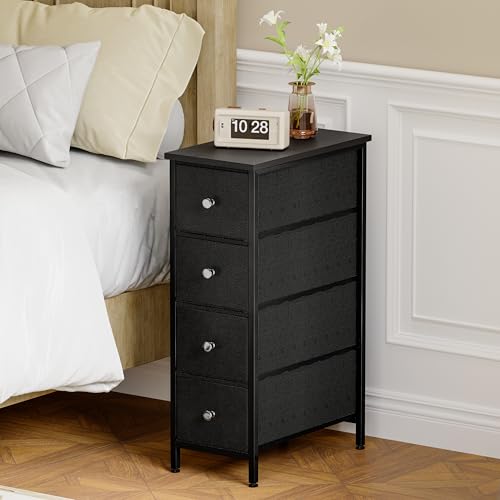 Fixwal Narrow Storage Cabinet, Small Dresser with 4 Drawers, Slim Fabric Dresser Storage for Small Spaces, Black Nightstand Side Table for Bedroom, Bathroom, Laundry, Closet, Dorm - color: Black