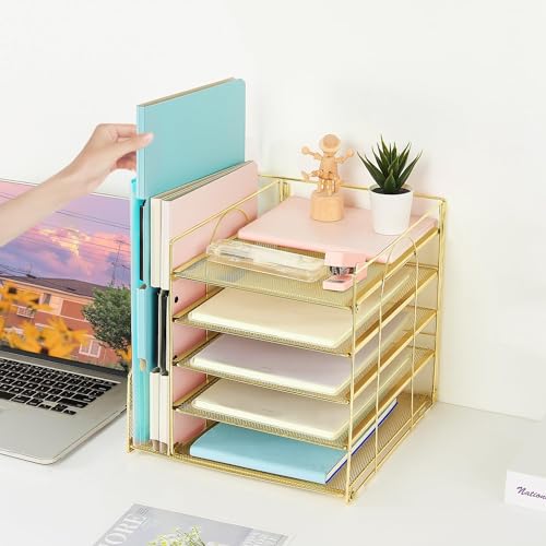 AUPSEN Desk Organizer with File Holder, 5 Trays Paper Letter Tray Organizer, Mesh Desk Organizers and Accessories for Home Office Supplies (Gold) - color: Gold 2