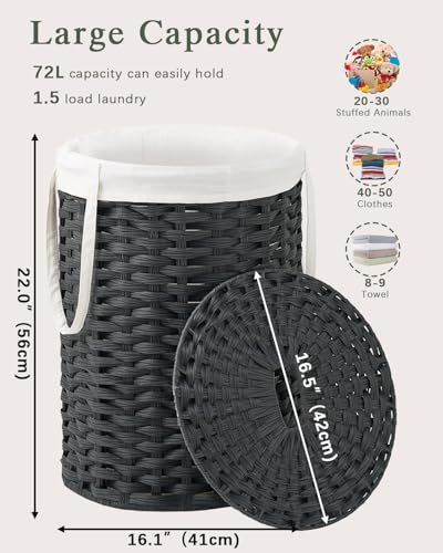 SETVSON Laundry Hamper with Lid Laundry Basket with Lid 19.0 Gal (72 L) Round Wicker Laundry Basket Handwoven Rattan Basket with Lid Removable Bag 2 Mesh Bags Handles for Living Room Bathroom Black - color: Black, size: 72L