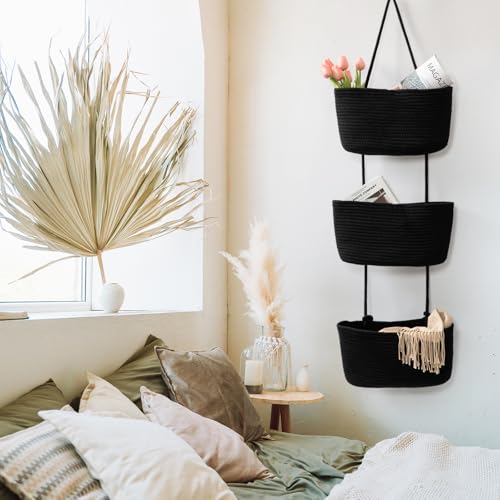 TeoKJ Over the Door Hanging Basket, 3-Tier Woven Cotton Wall-Mounted Storage Organizer Bag Decorative Hanging Nursery Baskets, Black - color: Black