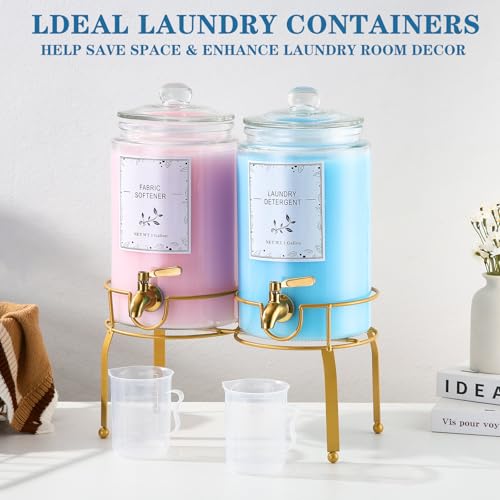 Glass Laundry Detergent Dispenser- 1 Gallon Glass Fabric Softener Dispenser with Leak-Proof Stainless Steel Faucet & Stand. Large Laundry Soap Container for Washer Room Organization &Storage