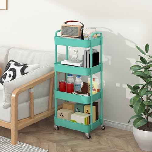 Sywhitta 4-Tier Plastic Rolling Utility Cart with Handle, Multi-Functional Storage Trolley for Office, Living Room, Kitchen, Movable Storage Organizer with Wheels, Green - color: Green, size: 4-tier