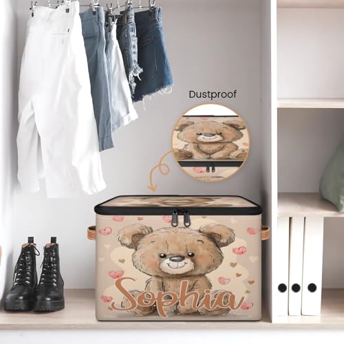 Custom Storage Basket with Name, Personalized Storage Bins with Zipper Lid, Foldable Fabric Storage Box Large capacity with Handle Love Bear - color: Option 25