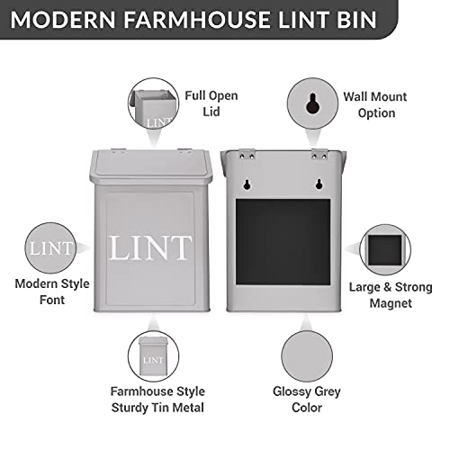 Calindiana Modern Farmhouse Metal Magnetic Lint Bin for Laundry Room Decor and Accessories with Lid and Laundry Room Organization and Storage Wall Mount Space Saving Washer and Dryer Trash Can (Grey) - color: GREY