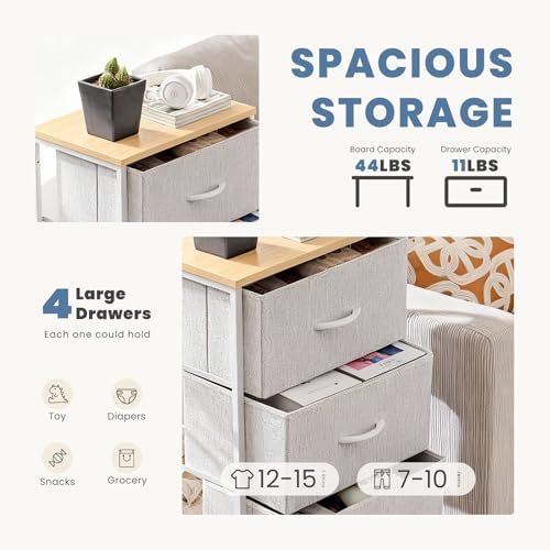 DUMOS Nightstand with 4 Drawers Bedside Table with Removable Fabric Bins Sturdy Steel Frame Wood Top Organizer Furniture for Bedroom Closet Living Room,Light Gray - color: Light Gray, size: 11.82"D x 17.71"W x 37.4"H (4 Drawers)