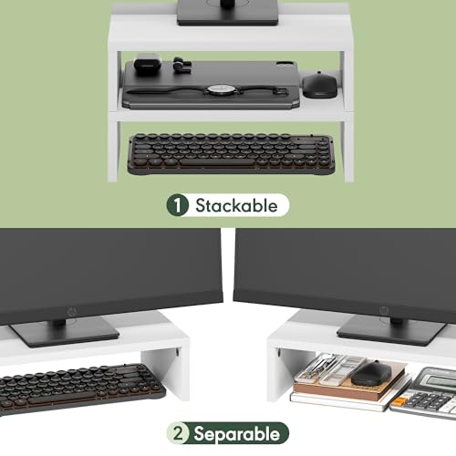 Furinno CLASSIC Monitor Stand Riser Set of 2, 15.7" Wide Dual Monitor Riser, Stackable Separable Laptop Stand for Desk, Desktop Organizers and Accessories, for Office Supplier, White - color: White