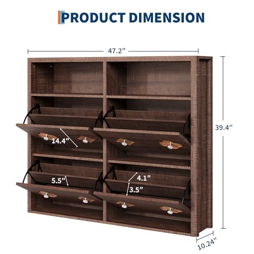 GarveeHome Shoe Cabinet with 4 Flip Drawers, Narrow Wood Shoe Organizer Cabinet with Floral Pattern, Freestanding Slim Shoe Rack Cabinet with Adjustable Shelves & Open Storage, for Entryway, Brown - color: Brownish-red, size: 4-Drawers
