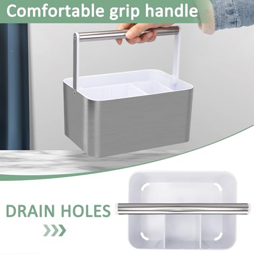 BYUNER Plastic Shower Caddy Dorm - Portable Bathroom Caddy Organizer with Handle and Divider for College Dorm & Shared Bathroom, Hard Shower Tote for Toiletry, Brushed Nickel White - color: Silver / White