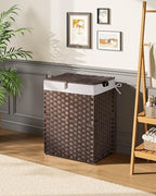 Greenstell Laundry Hamper with lid, No Install Needed, 90L Wicker Laundry Baskets Foldable 2 Removable Liner Bags, 2 Section Clothes Hamper Handwoven Rattan Laundry Basket with Handles, Brown - color: Brown, size: 90L (18.3x13.3x24.0 Inches)