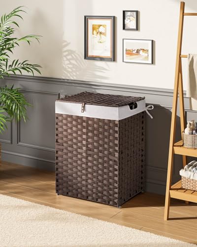 Greenstell Laundry Hamper with lid, No Install Needed, 90L Wicker Laundry Baskets Foldable 2 Removable Liner Bags, 2 Section Clothes Hamper Handwoven Rattan Laundry Basket with Handles, Brown - color: Brown, size: 90L (18.3x13.3x24.0 Inches)