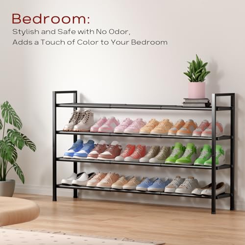 Bumusty 4-Tier Long Expandable Shoe Rack for Closet, 18"-44" Adjustable Shoe Rack for Entryway, 20-24 Pairs Large Shoe Organizer Shelf Storage, Sturdy Metal, Black - color: Black, size: 4-Tier